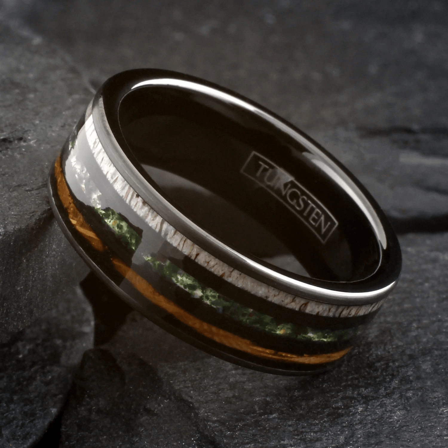 Moss Agate Wedding Band Ring for Men Black Tungsten Carbide Whiskey Barrel Oak Wood and Deer Antler Inlays - Jewelry Store by Erik Rayo