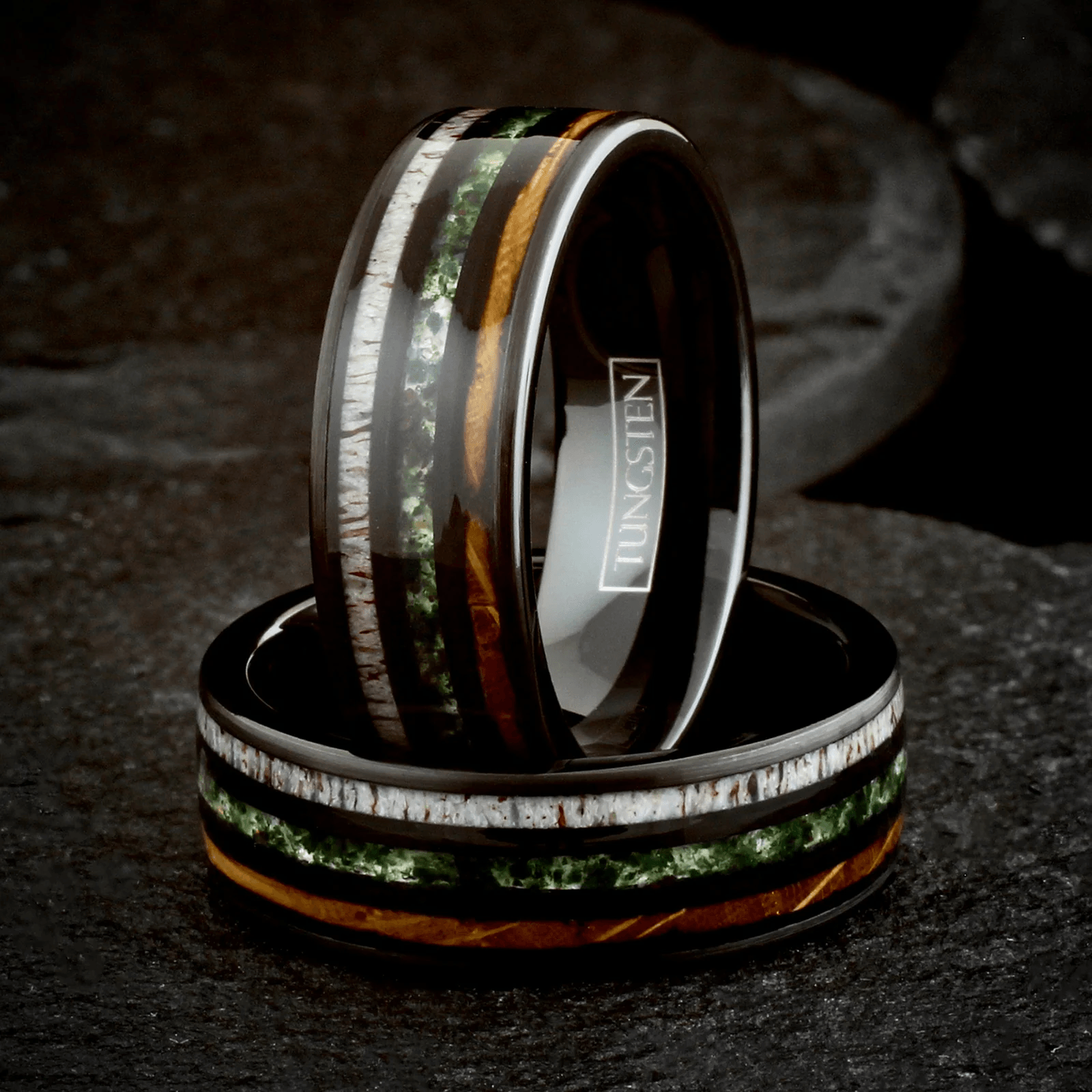 Moss Agate Wedding Band Ring for Men Black Tungsten Carbide Whiskey Barrel Oak Wood and Deer Antler Inlays - Jewelry Store by Erik Rayo