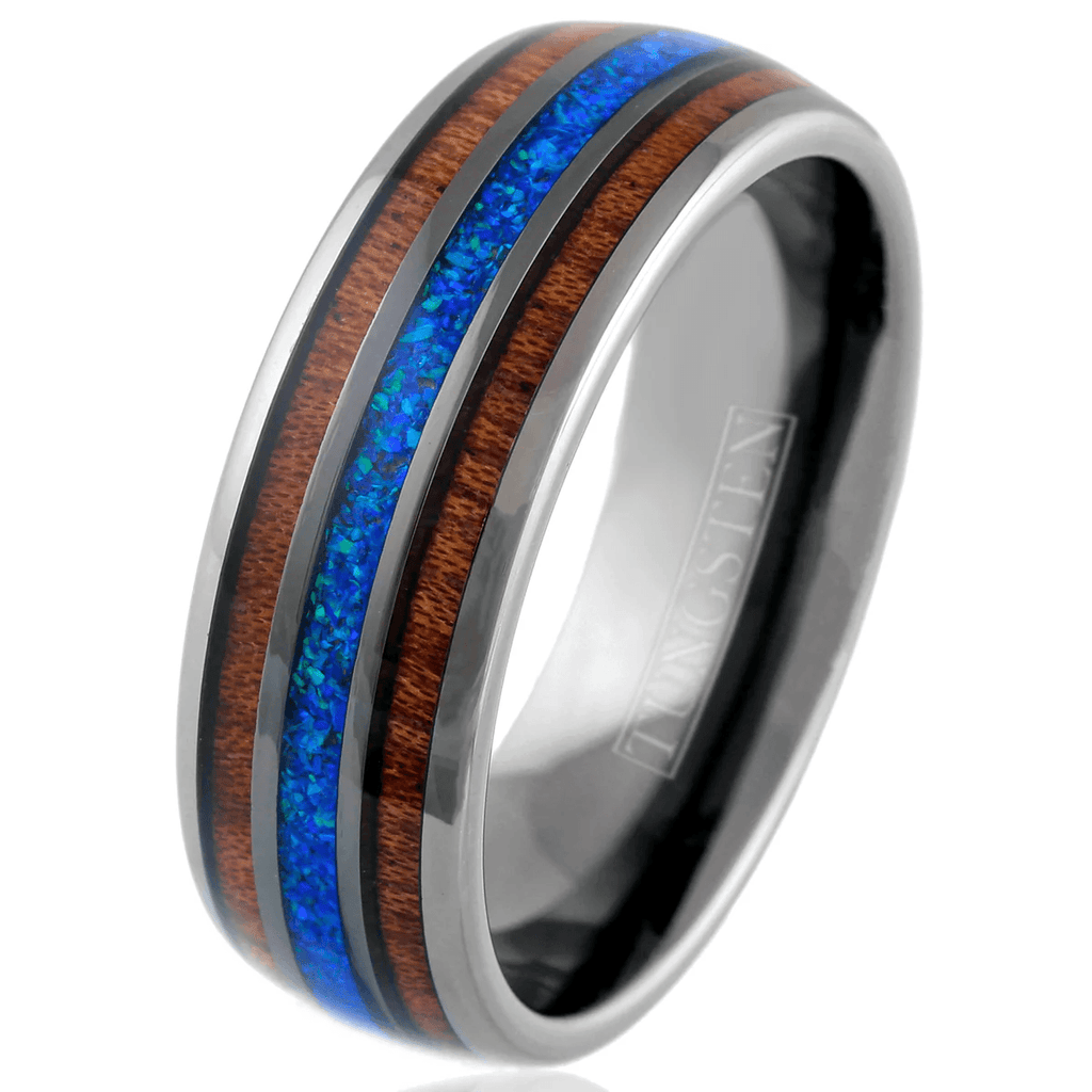 Gunmetal Gray Wedding Band Ring for Men Black Tungsten Carbide Iridescent Hawaii Blue Opal Inlay Between Two Koa Wood Inlays - Jewelry Store by Erik Rayo