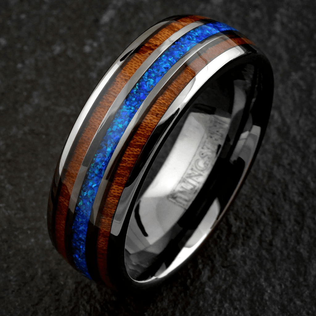 Gunmetal Gray Wedding Band Ring for Men Black Tungsten Carbide Iridescent Hawaii Blue Opal Inlay Between Two Koa Wood Inlays - Jewelry Store by Erik Rayo