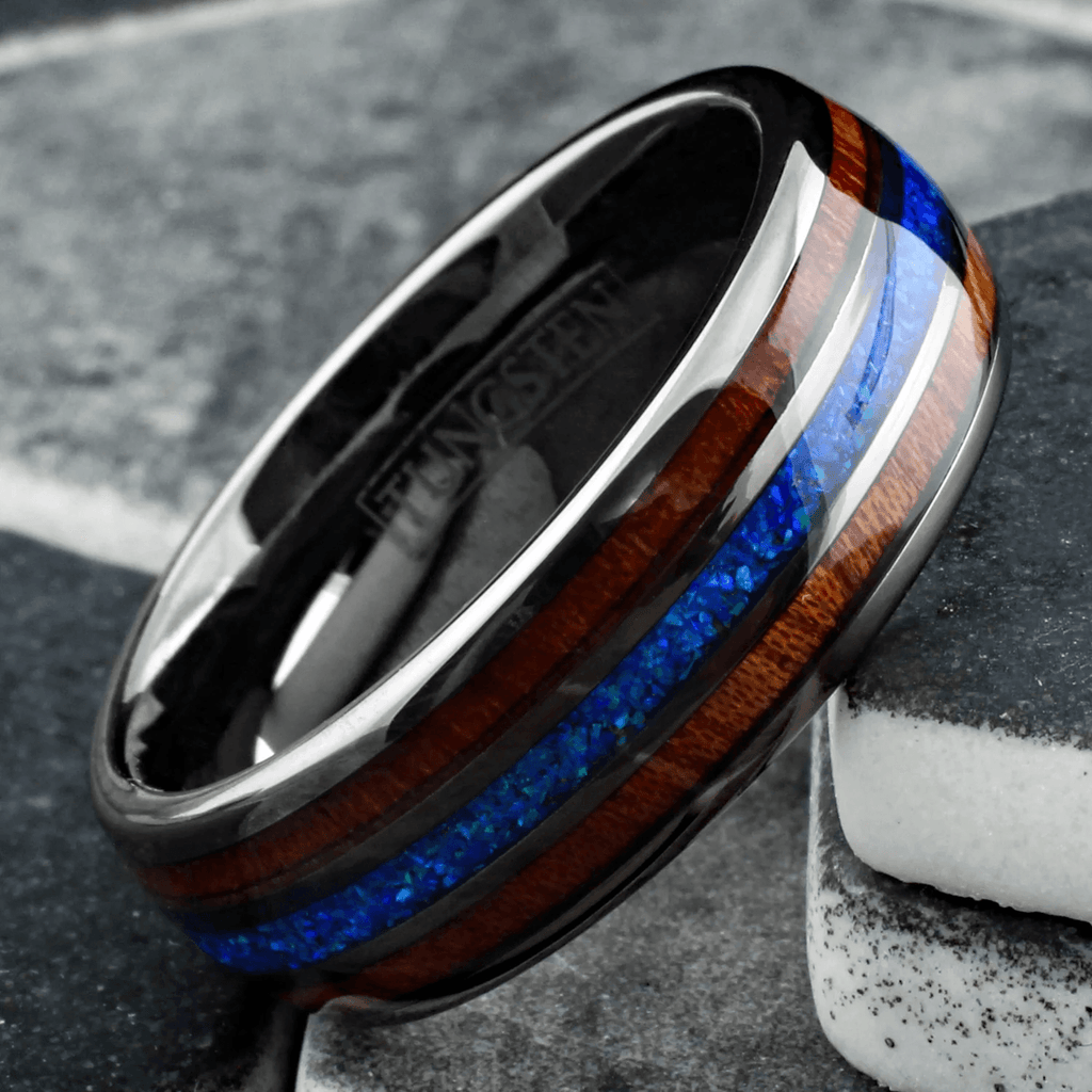 Gunmetal Gray Wedding Band Ring for Men Black Tungsten Carbide Iridescent Hawaii Blue Opal Inlay Between Two Koa Wood Inlays - Jewelry Store by Erik Rayo