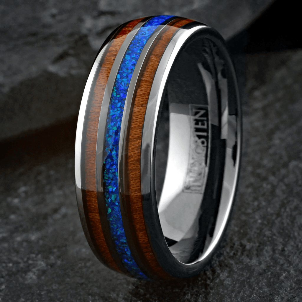 Gunmetal Gray Wedding Band Ring for Men Black Tungsten Carbide Iridescent Hawaii Blue Opal Inlay Between Two Koa Wood Inlays - Jewelry Store by Erik Rayo