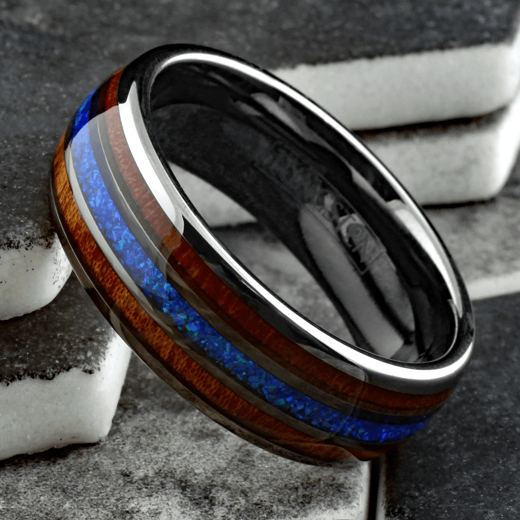 Gunmetal Gray Wedding Band Ring for Men Black Tungsten Carbide Iridescent Hawaii Blue Opal Inlay Between Two Koa Wood Inlays - Jewelry Store by Erik Rayo