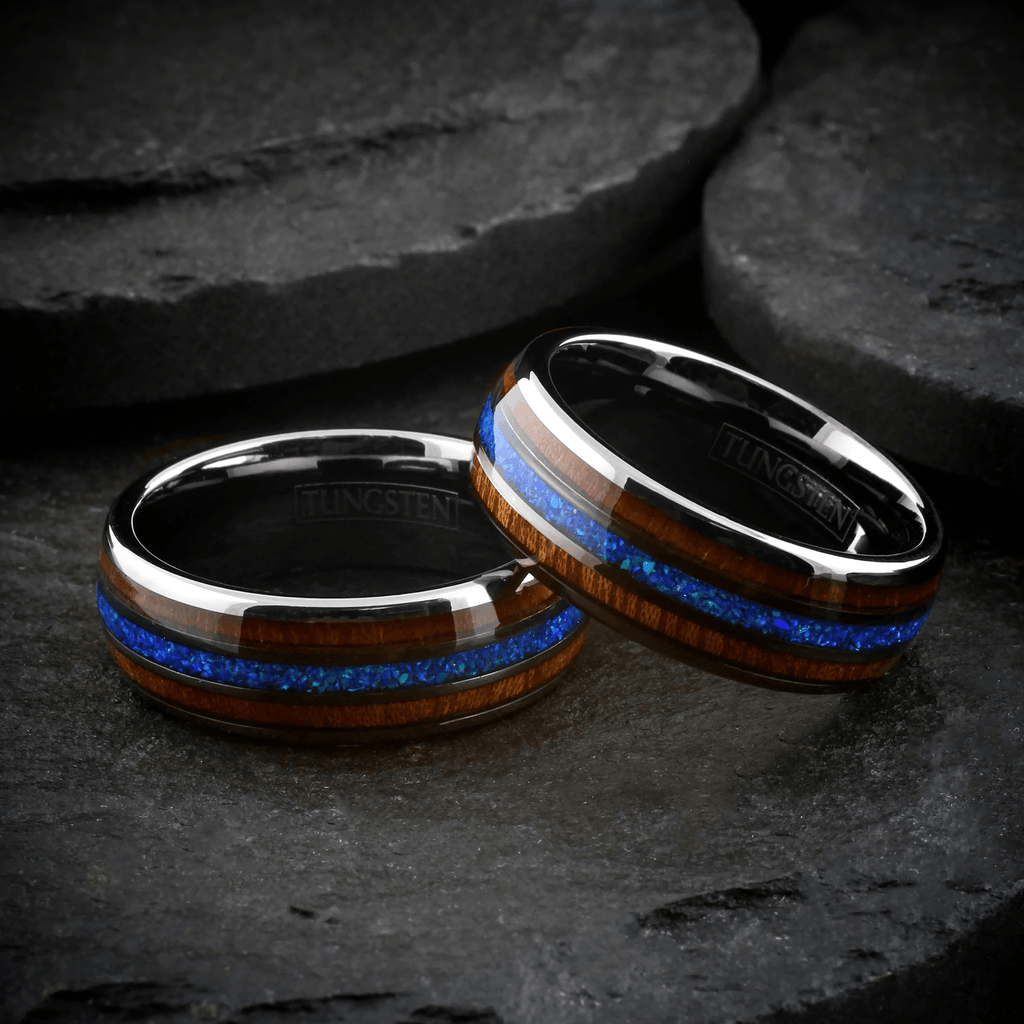 Gunmetal Gray Wedding Band Ring for Men Black Tungsten Carbide Iridescent Hawaii Blue Opal Inlay Between Two Koa Wood Inlays - Jewelry Store by Erik Rayo