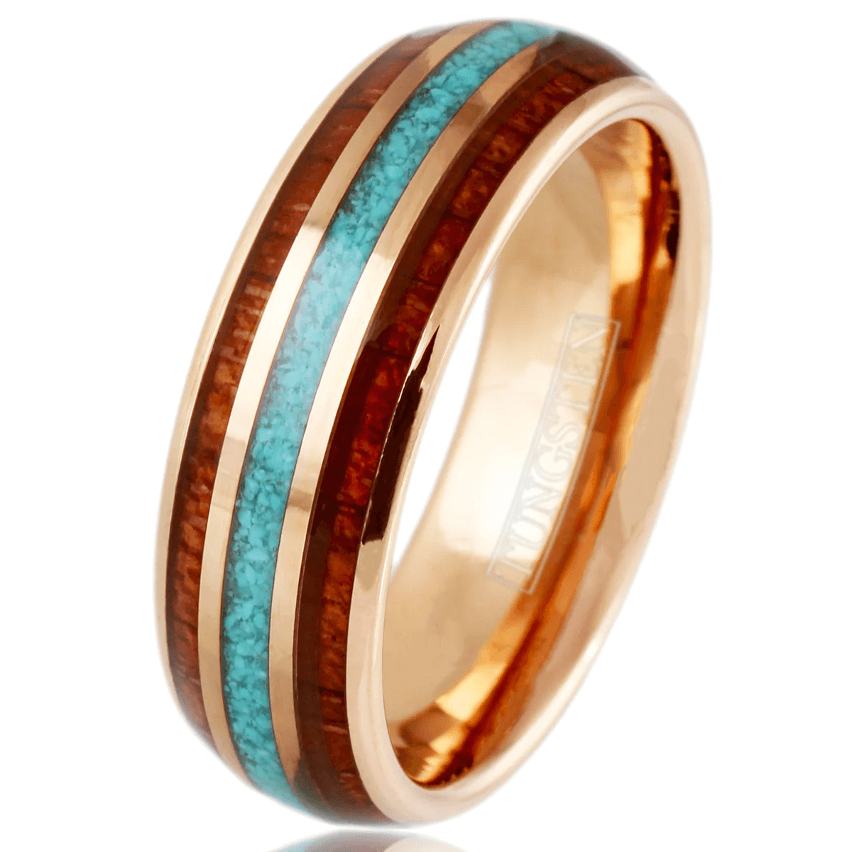 Rose Gold Wedding Band Ring for Men Black Tungsten Carbide Crushed Blue Turquoise and Koa Wood Inlays - Jewelry Store by Erik Rayo