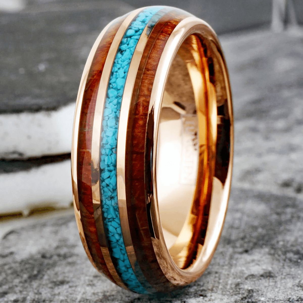 Rose Gold Wedding Band Ring for Men Black Tungsten Carbide Crushed Blue Turquoise and Koa Wood Inlays - Jewelry Store by Erik Rayo