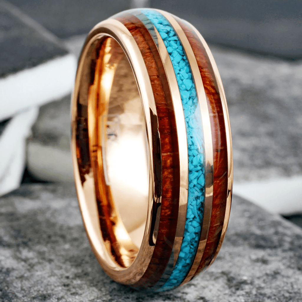 Rose Gold Wedding Band Ring for Men Black Tungsten Carbide Crushed Blue Turquoise and Koa Wood Inlays - Jewelry Store by Erik Rayo