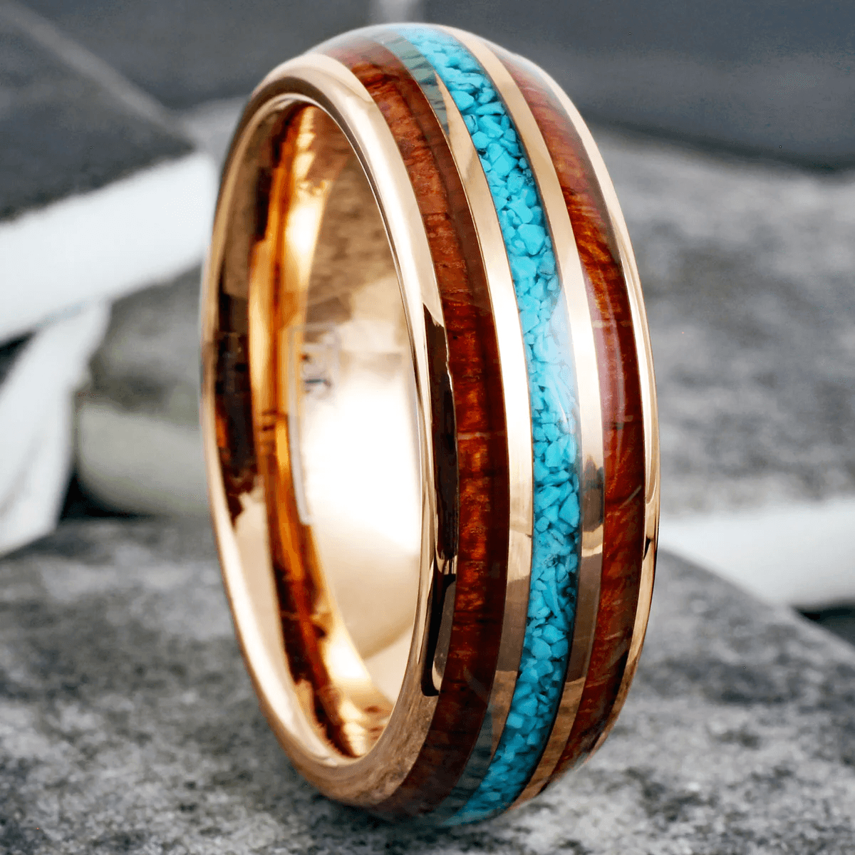 Rose Gold Wedding Band Ring for Men Black Tungsten Carbide Crushed Blue Turquoise and Koa Wood Inlays - Jewelry Store by Erik Rayo