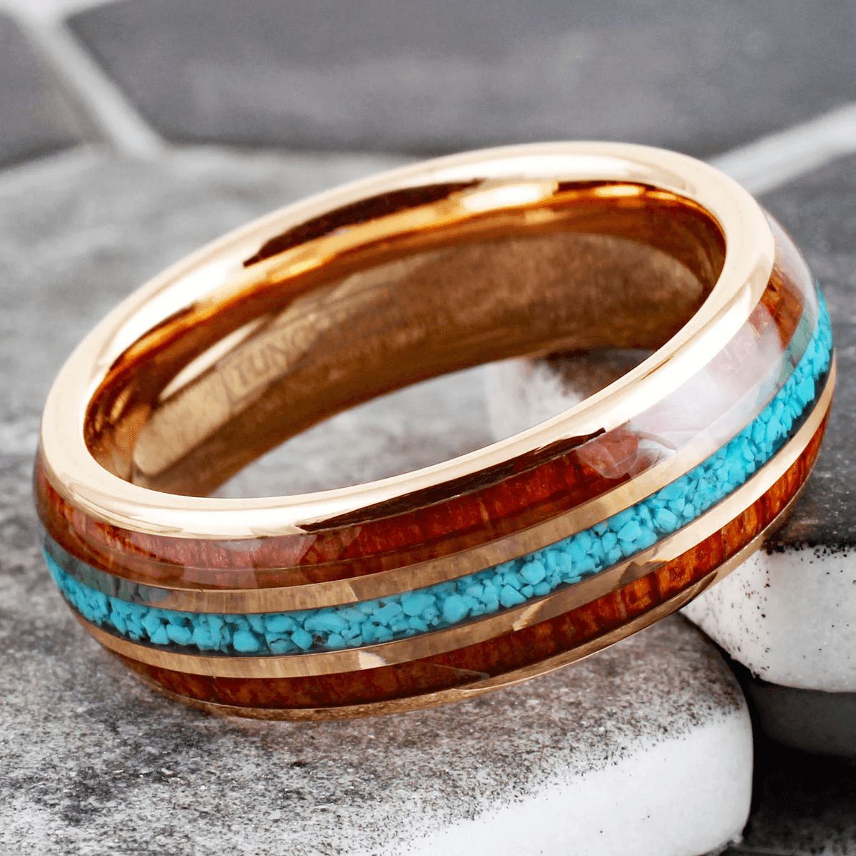 Rose Gold Wedding Band Ring for Men Black Tungsten Carbide Crushed Blue Turquoise and Koa Wood Inlays - Jewelry Store by Erik Rayo
