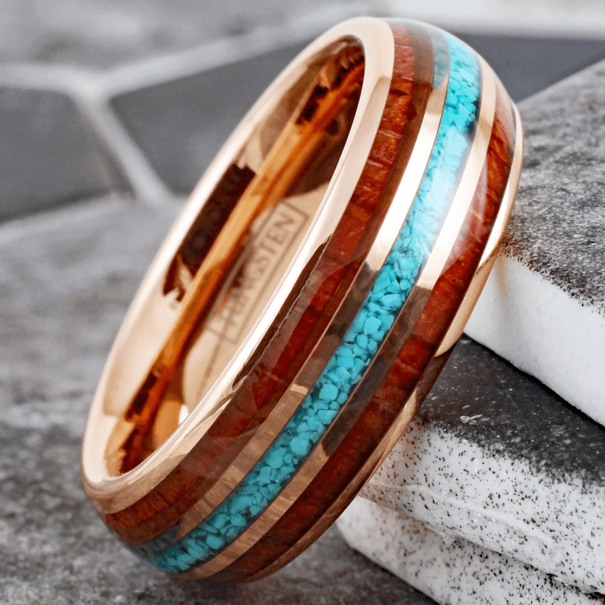 Rose Gold Wedding Band Ring for Men Black Tungsten Carbide Crushed Blue Turquoise and Koa Wood Inlays - Jewelry Store by Erik Rayo