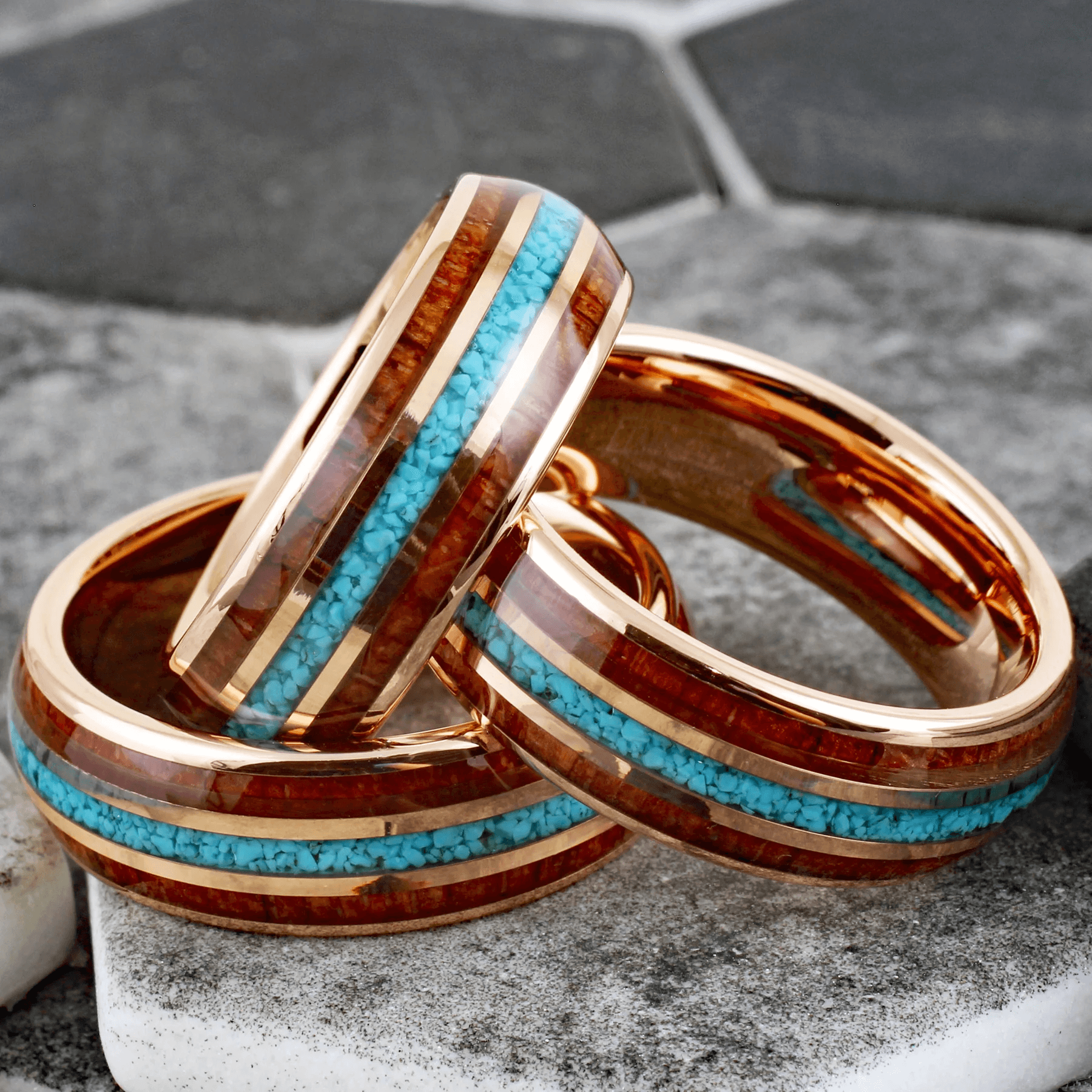 Rose Gold Wedding Band Ring for Men Black Tungsten Carbide Crushed Blue Turquoise and Koa Wood Inlays - Jewelry Store by Erik Rayo