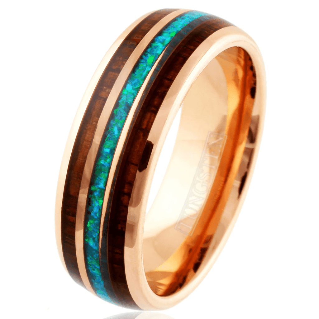 Rose Gold Wedding Band Ring for Men Black Tungsten Carbide Iridescent Crushed Blue Opal Inlay Two Koa Wood Inlays - Jewelry Store by Erik Rayo