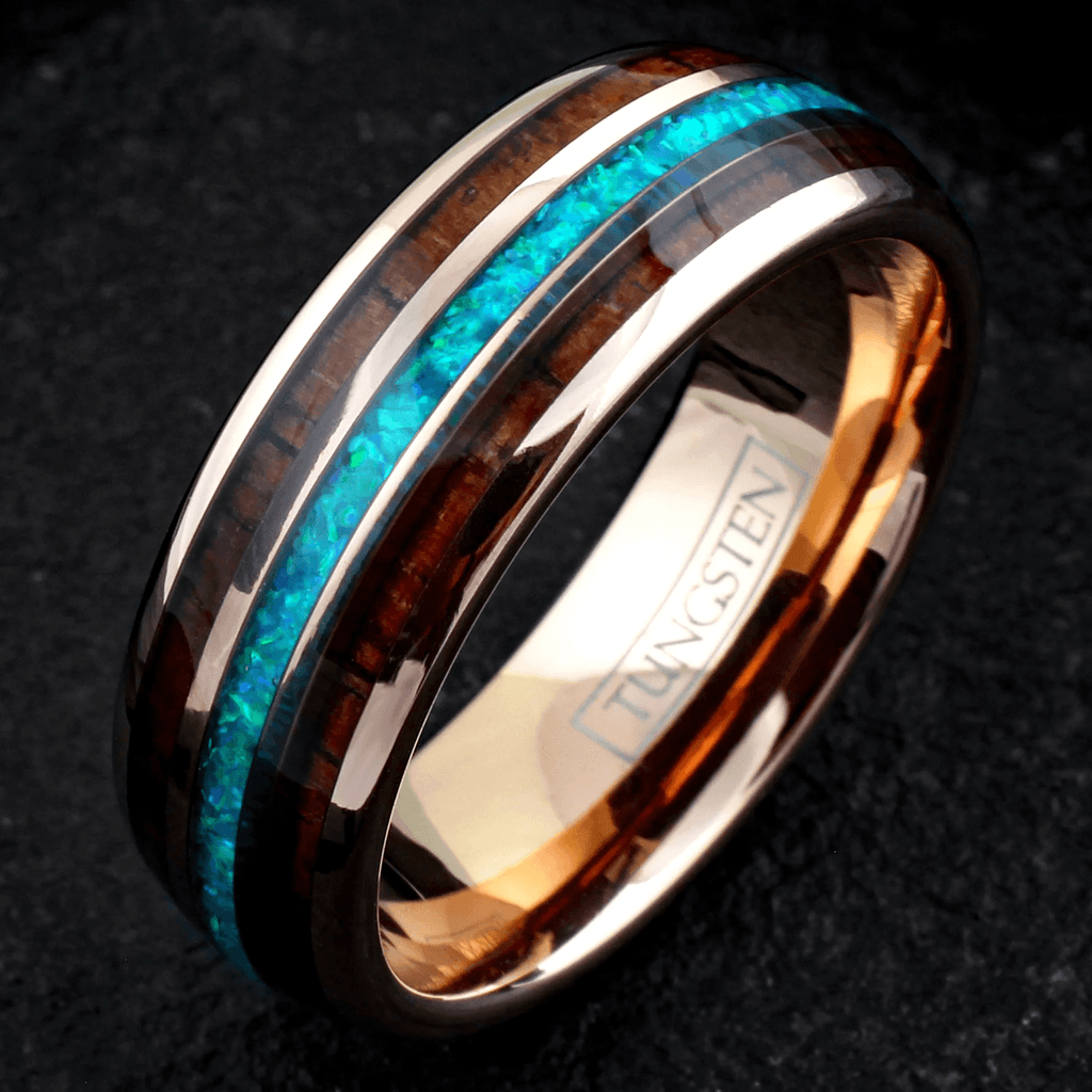 Rose Gold Wedding Band Ring for Men Black Tungsten Carbide Iridescent Crushed Blue Opal Inlay Two Koa Wood Inlays - Jewelry Store by Erik Rayo