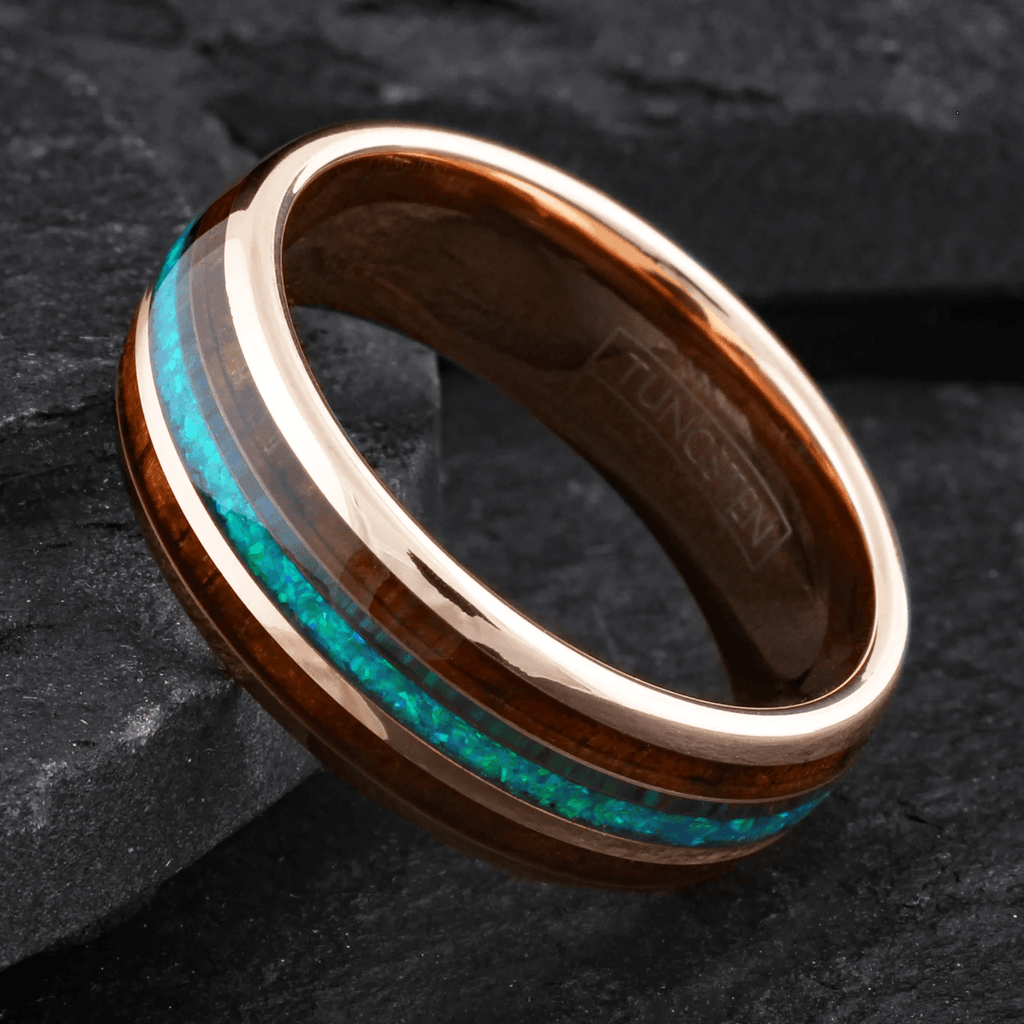 Rose Gold Wedding Band Ring for Men Black Tungsten Carbide Iridescent Crushed Blue Opal Inlay Two Koa Wood Inlays - Jewelry Store by Erik Rayo