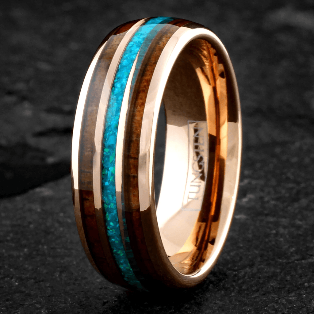 Rose Gold Wedding Band Ring for Men Black Tungsten Carbide Iridescent Crushed Blue Opal Inlay Two Koa Wood Inlays - Jewelry Store by Erik Rayo