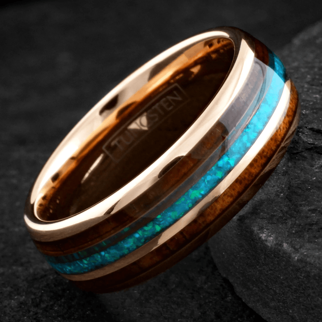 Rose Gold Wedding Band Ring for Men Black Tungsten Carbide Iridescent Crushed Blue Opal Inlay Two Koa Wood Inlays - Jewelry Store by Erik Rayo