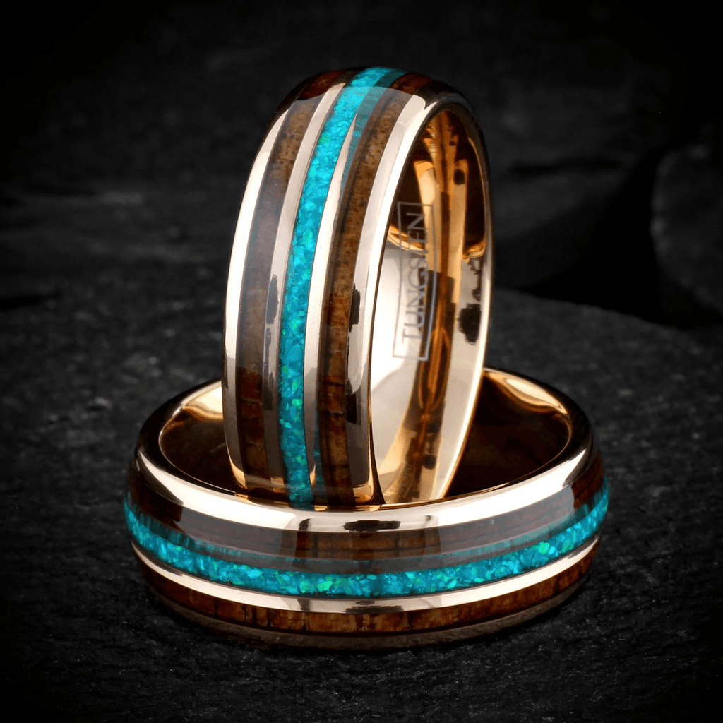 Rose Gold Wedding Band Ring for Men Black Tungsten Carbide Iridescent Crushed Blue Opal Inlay Two Koa Wood Inlays - Jewelry Store by Erik Rayo