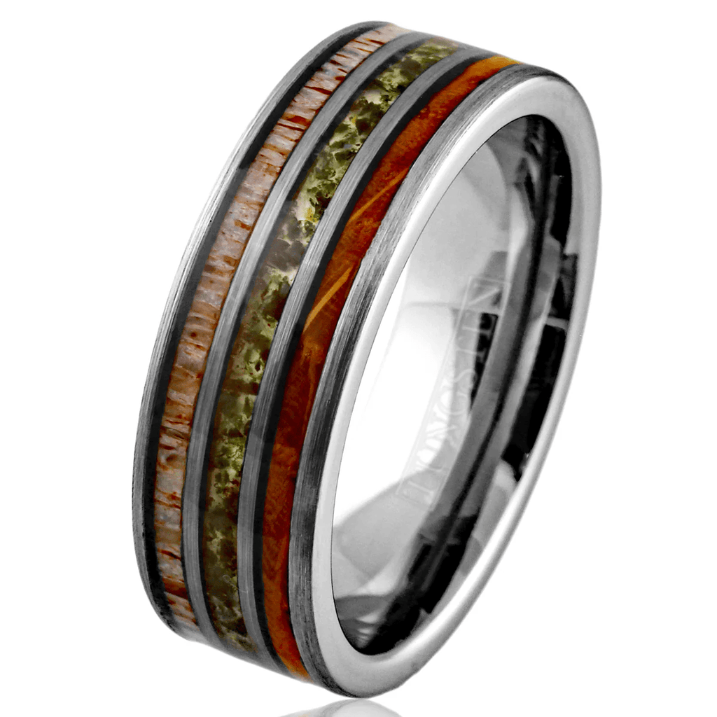 Moss Agate Wedding Band Ring for Men Black Tungsten Carbide Whiskey Barrel Oak Wood and Deer Antler Inlays - Jewelry Store by Erik Rayo