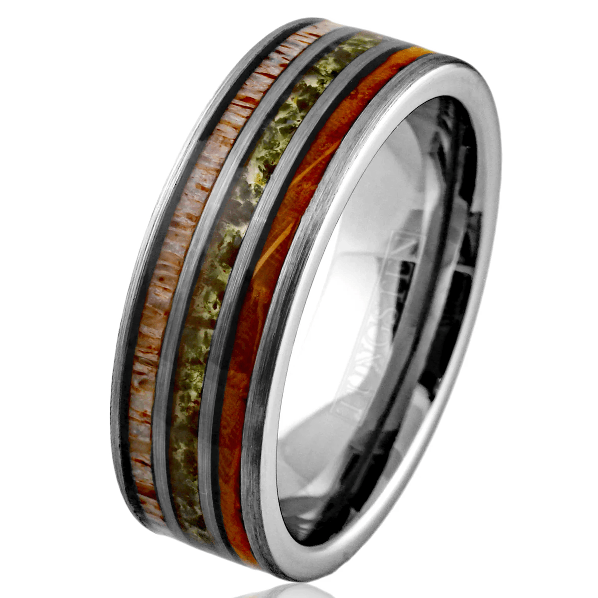 Moss Agate Wedding Band Ring for Men Black Tungsten Carbide Whiskey Barrel Oak Wood and Deer Antler Inlays - Jewelry Store by Erik Rayo
