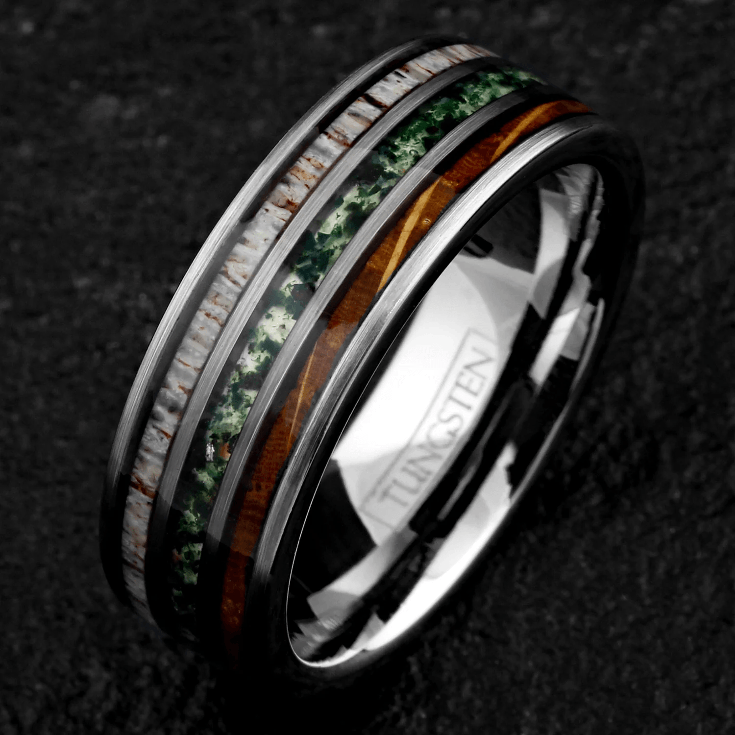 Moss Agate Wedding Band Ring for Men Black Tungsten Carbide Whiskey Barrel Oak Wood and Deer Antler Inlays - Jewelry Store by Erik Rayo