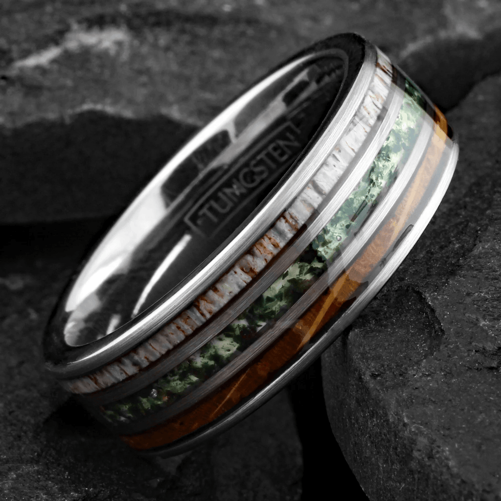 Moss Agate Wedding Band Ring for Men Black Tungsten Carbide Whiskey Barrel Oak Wood and Deer Antler Inlays - Jewelry Store by Erik Rayo