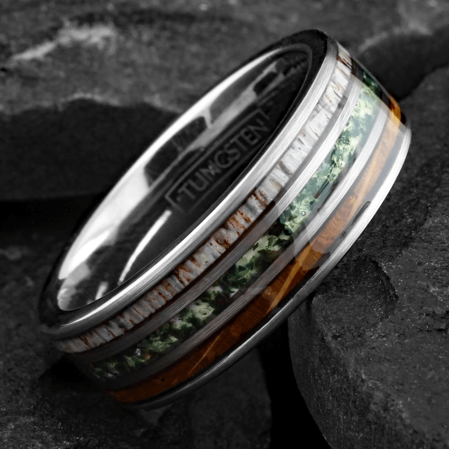Moss Agate Wedding Band Ring for Men Black Tungsten Carbide Whiskey Barrel Oak Wood and Deer Antler Inlays - Jewelry Store by Erik Rayo