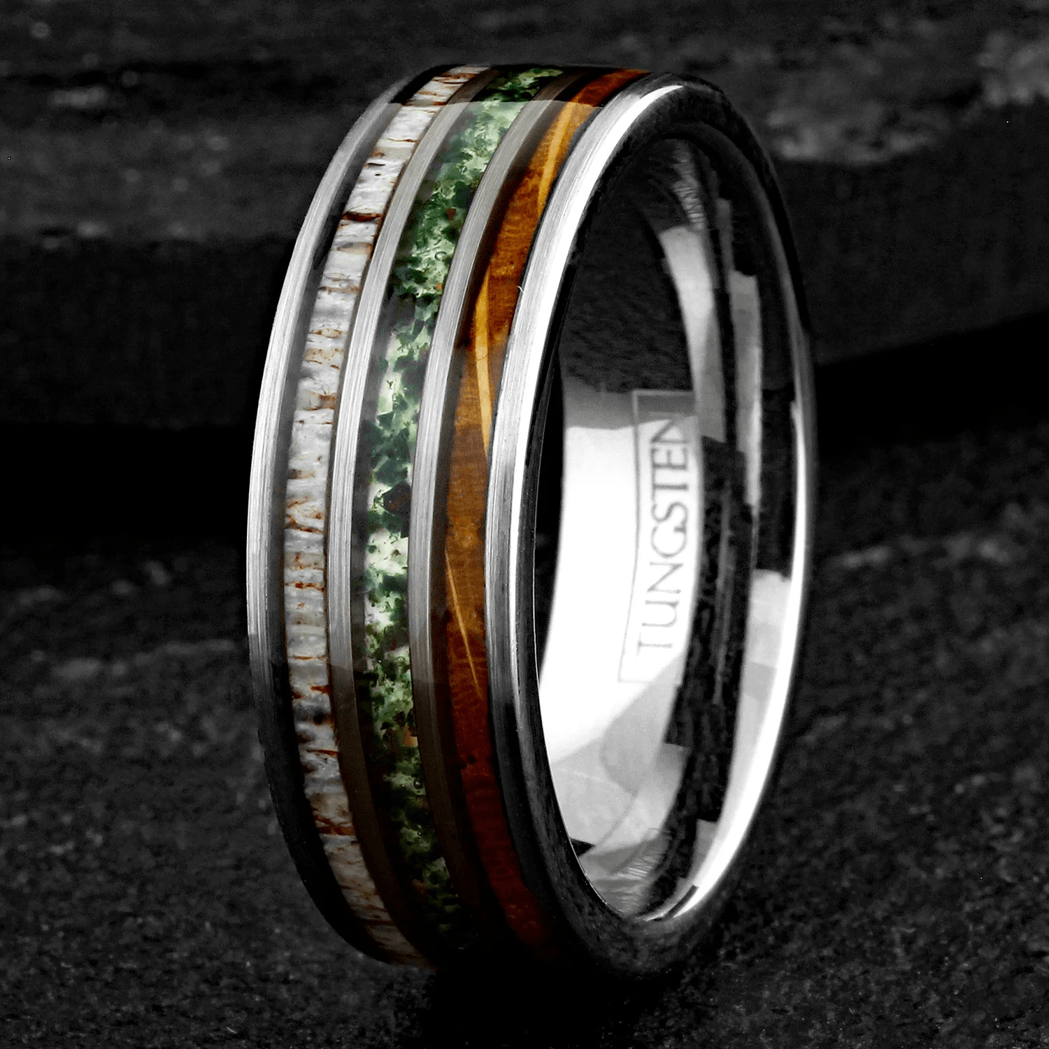 Moss Agate Wedding Band Ring for Men Black Tungsten Carbide Whiskey Barrel Oak Wood and Deer Antler Inlays - Jewelry Store by Erik Rayo