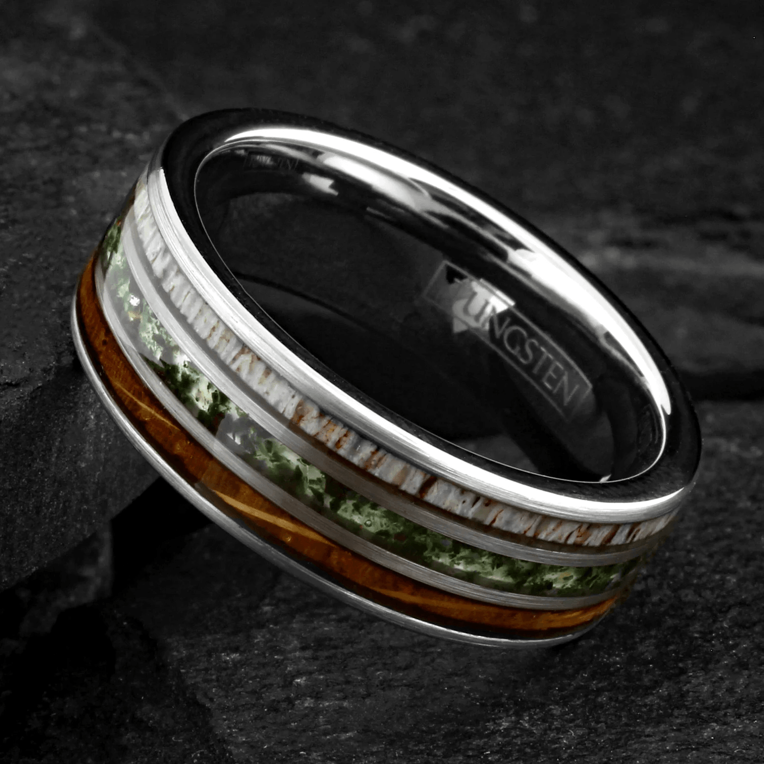 Moss Agate Wedding Band Ring for Men Black Tungsten Carbide Whiskey Barrel Oak Wood and Deer Antler Inlays - Jewelry Store by Erik Rayo