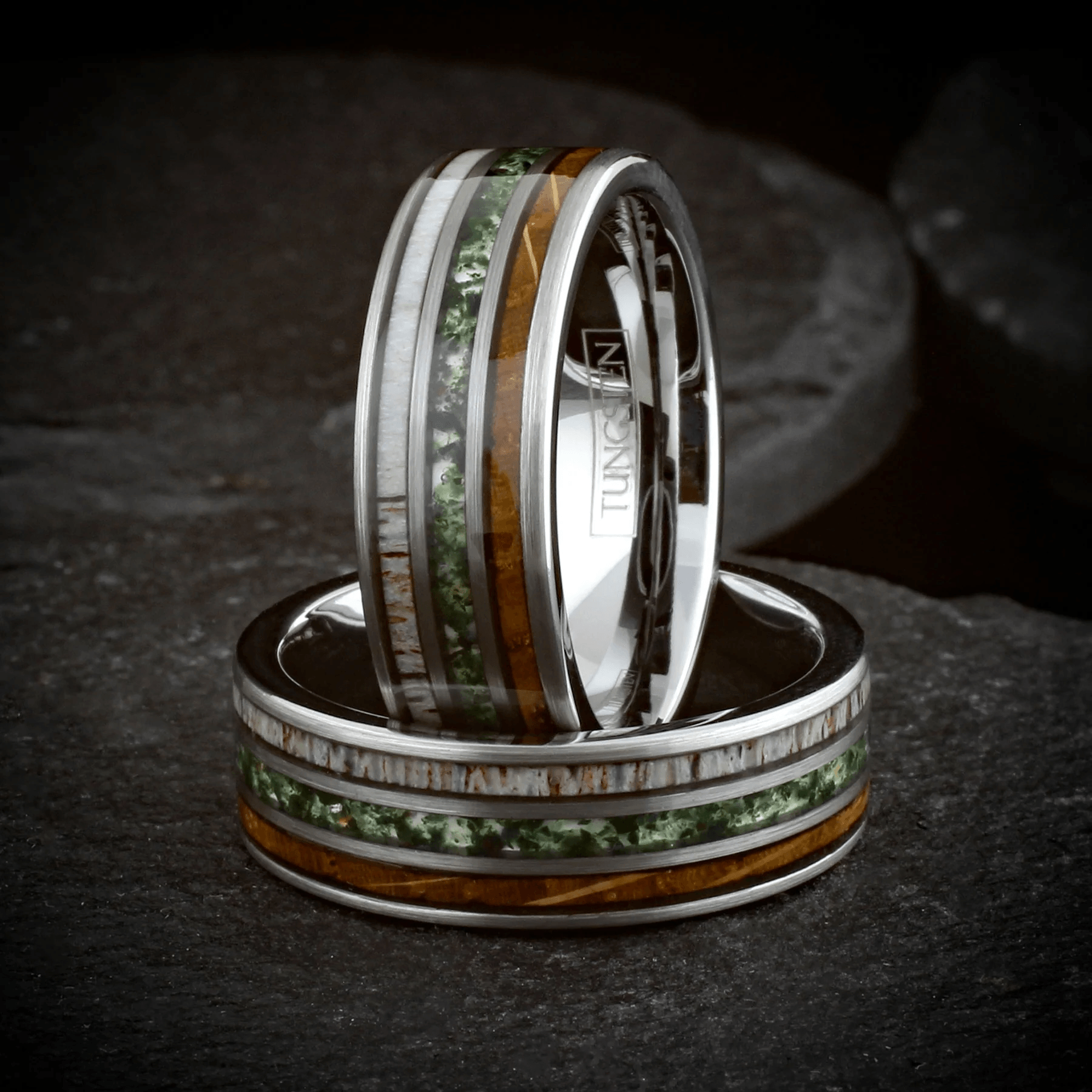 Moss Agate Wedding Band Ring for Men Black Tungsten Carbide Whiskey Barrel Oak Wood and Deer Antler Inlays - Jewelry Store by Erik Rayo