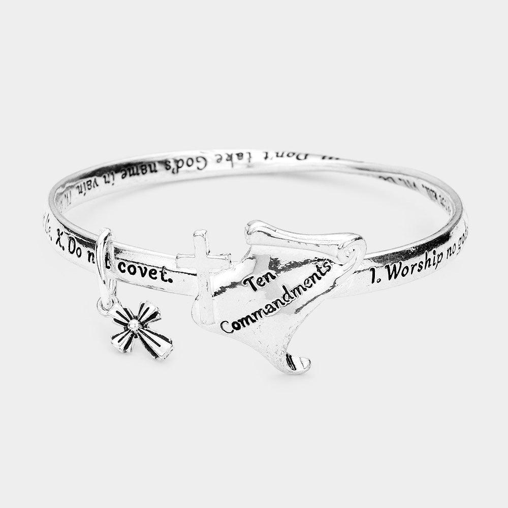 Silver Ten Commandment Metal Cross Charm Message Bangle Bracelet - Jewelry Store by Erik Rayo