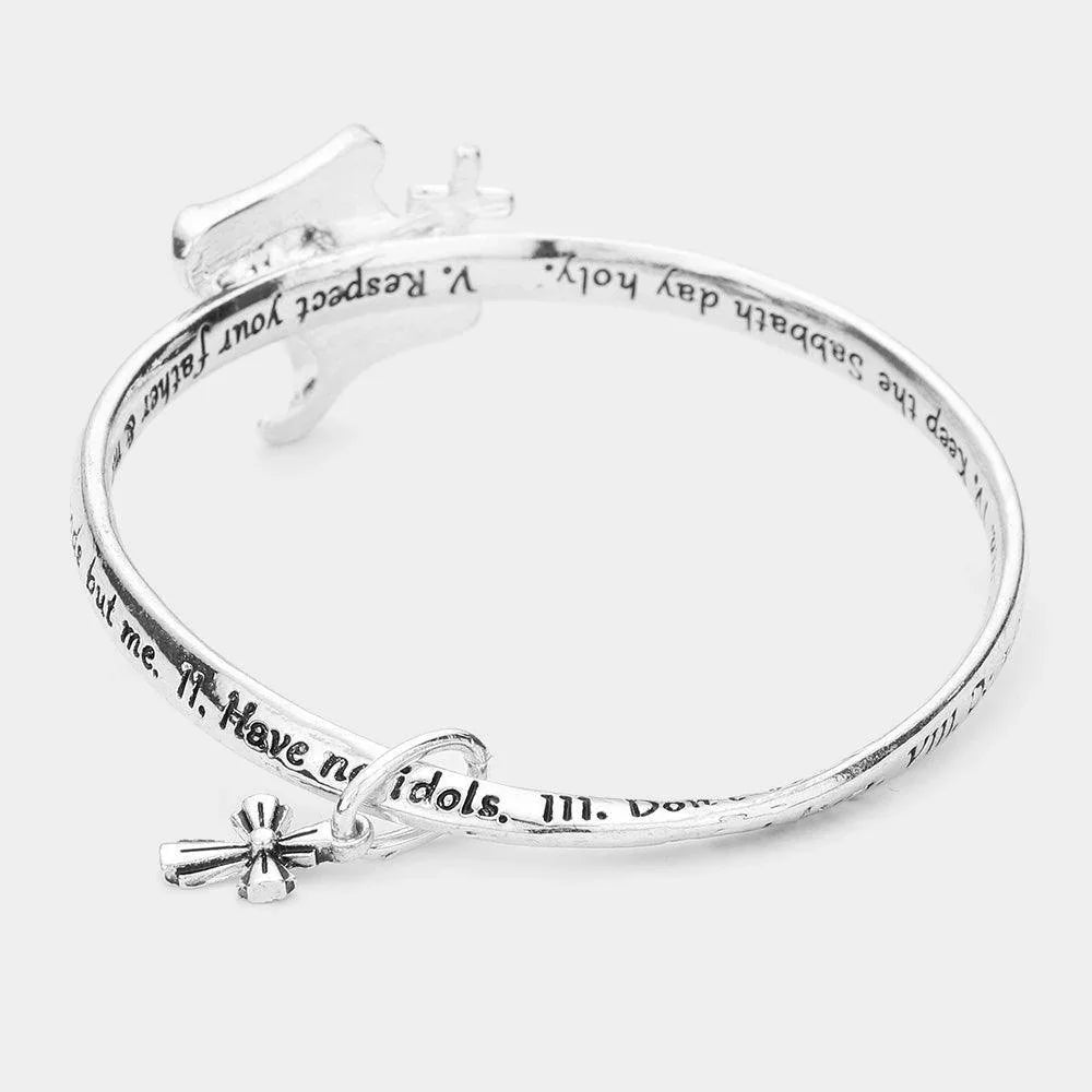Silver Ten Commandment Metal Cross Charm Message Bangle Bracelet - Jewelry Store by Erik Rayo
