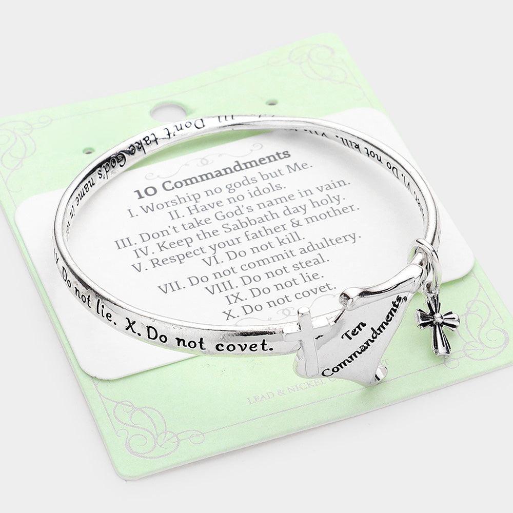 Silver Ten Commandment Metal Cross Charm Message Bangle Bracelet - Jewelry Store by Erik Rayo