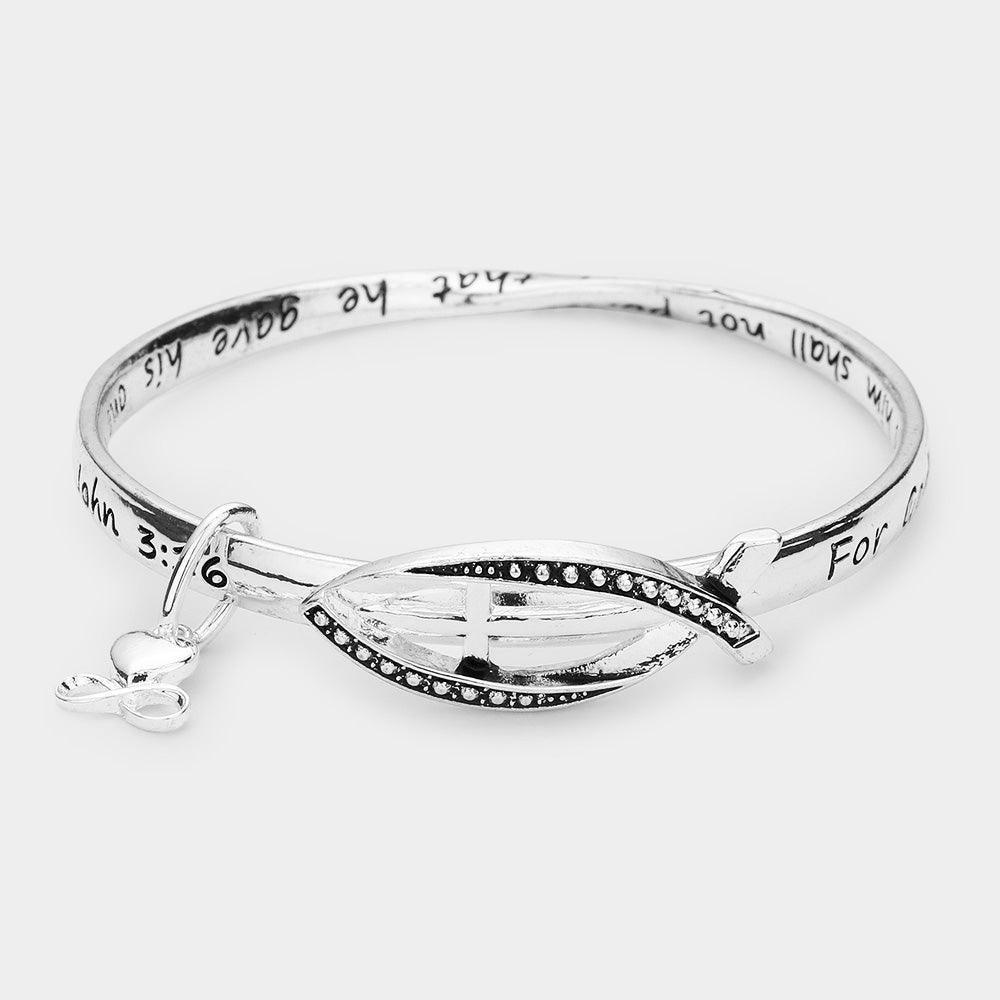 Silver John 3:16 Metal Ichthys Cross Accented Heart Charm Message Bangle Bracelet - Jewelry Store by Erik Rayo