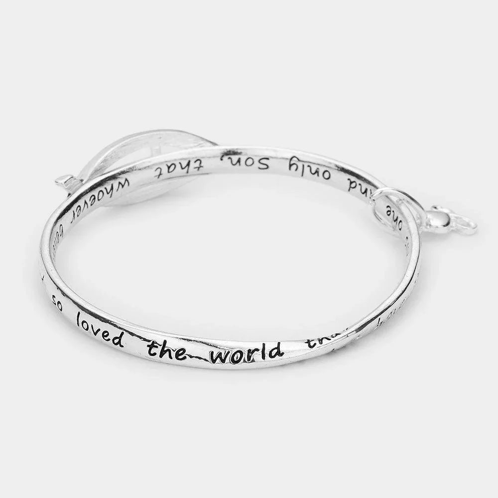 Silver John 3:16 Metal Ichthys Cross Accented Heart Charm Message Bangle Bracelet - Jewelry Store by Erik Rayo