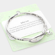 Load image into Gallery viewer, Silver John 3:16 Metal Ichthys Cross Accented Heart Charm Message Bangle Bracelet
