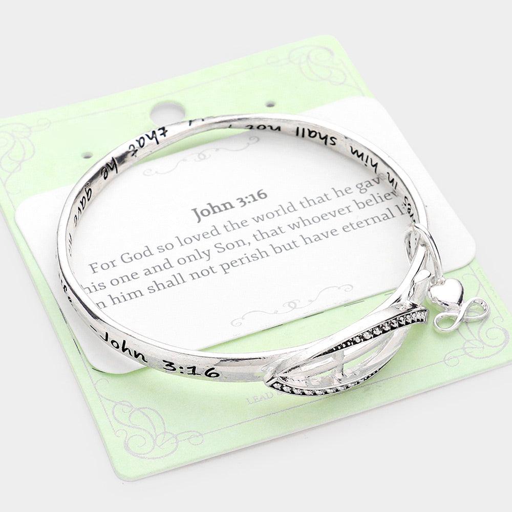 Silver John 3:16 Metal Ichthys Cross Accented Heart Charm Message Bangle Bracelet