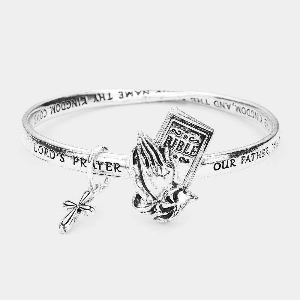 Silver Lord's Prayer Metal Bible Praying Hands Accented Cross Charm Message Bangle Bracelet - Jewelry Store by Erik Rayo