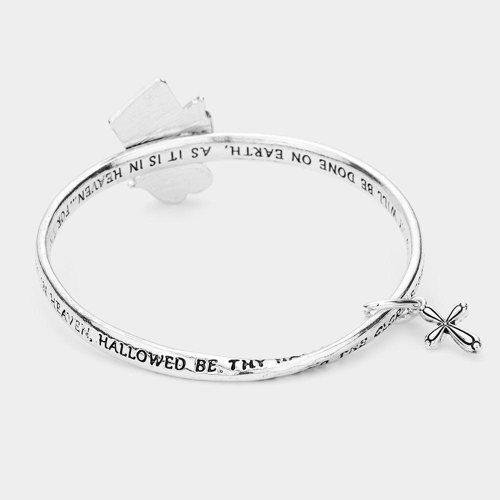 Silver Lord's Prayer Metal Bible Praying Hands Accented Cross Charm Message Bangle Bracelet - Jewelry Store by Erik Rayo