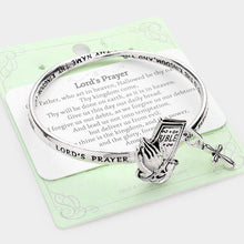 Load image into Gallery viewer, Silver Lord&#39;s Prayer Metal Bible Praying Hands Accented Cross Charm Message Bangle Bracelet
