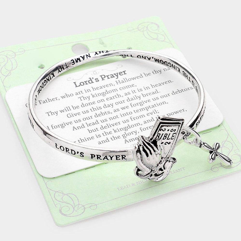 Silver Lord's Prayer Metal Bible Praying Hands Accented Cross Charm Message Bangle Bracelet