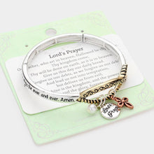 Load image into Gallery viewer, Three Tone Lord&#39;s Prayer Ichthys Accented Metal Cross Pearl Charm Stretch Bracelet
