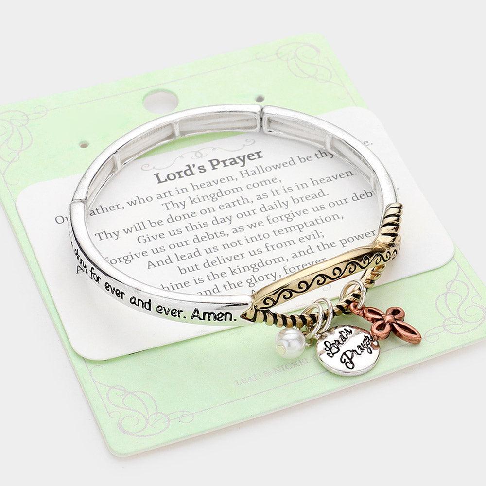 Three Tone Lord's Prayer Ichthys Accented Metal Cross Pearl Charm Stretch Bracelet