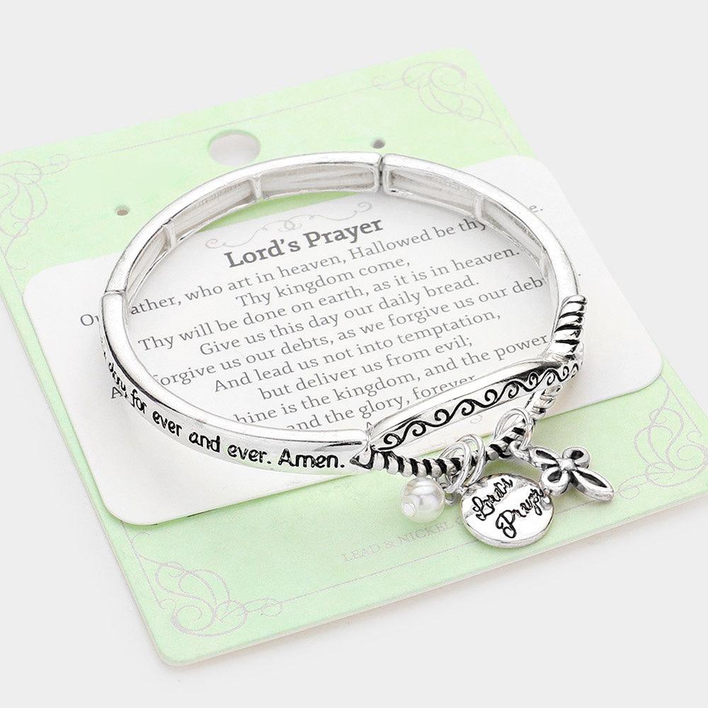 Silver Lord's Prayer Ichthys Accented Metal Cross Pearl Charm Stretch Bracelet