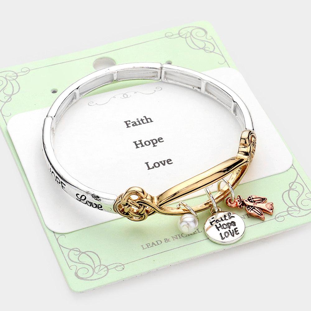 Three Tone Faith Hope Love Bird Pearl Charm Stretch Bracelet