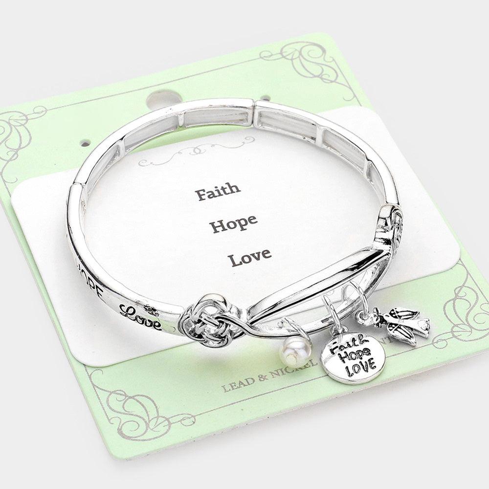 Silver Faith Hope Love Bird Pearl Charm Stretch Bracelet