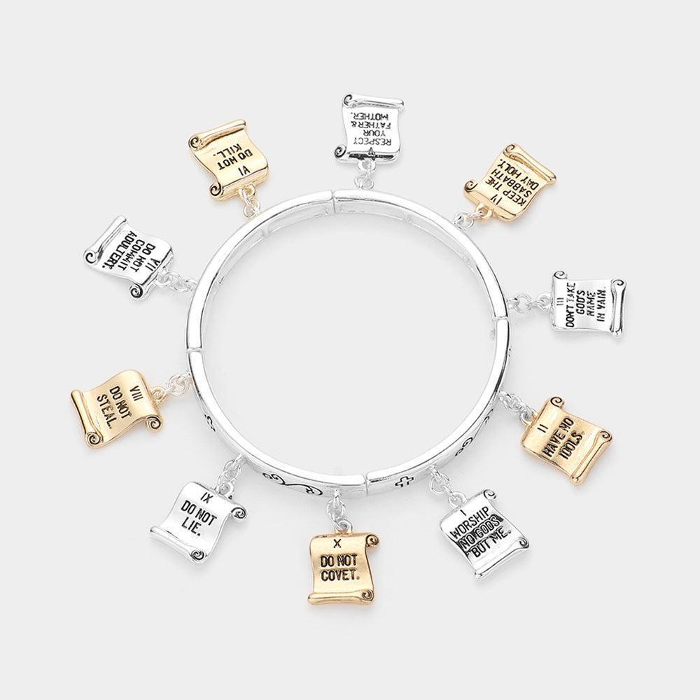 10 Commandments Message Metal Charms Stretch Bracelet - Jewelry Store by Erik Rayo
