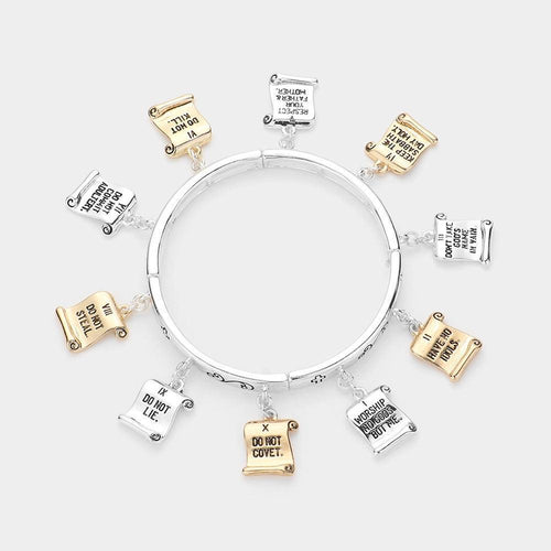 10 Commandments Message Metal Charms Stretch Bracelet - Jewelry Store by Erik Rayo
