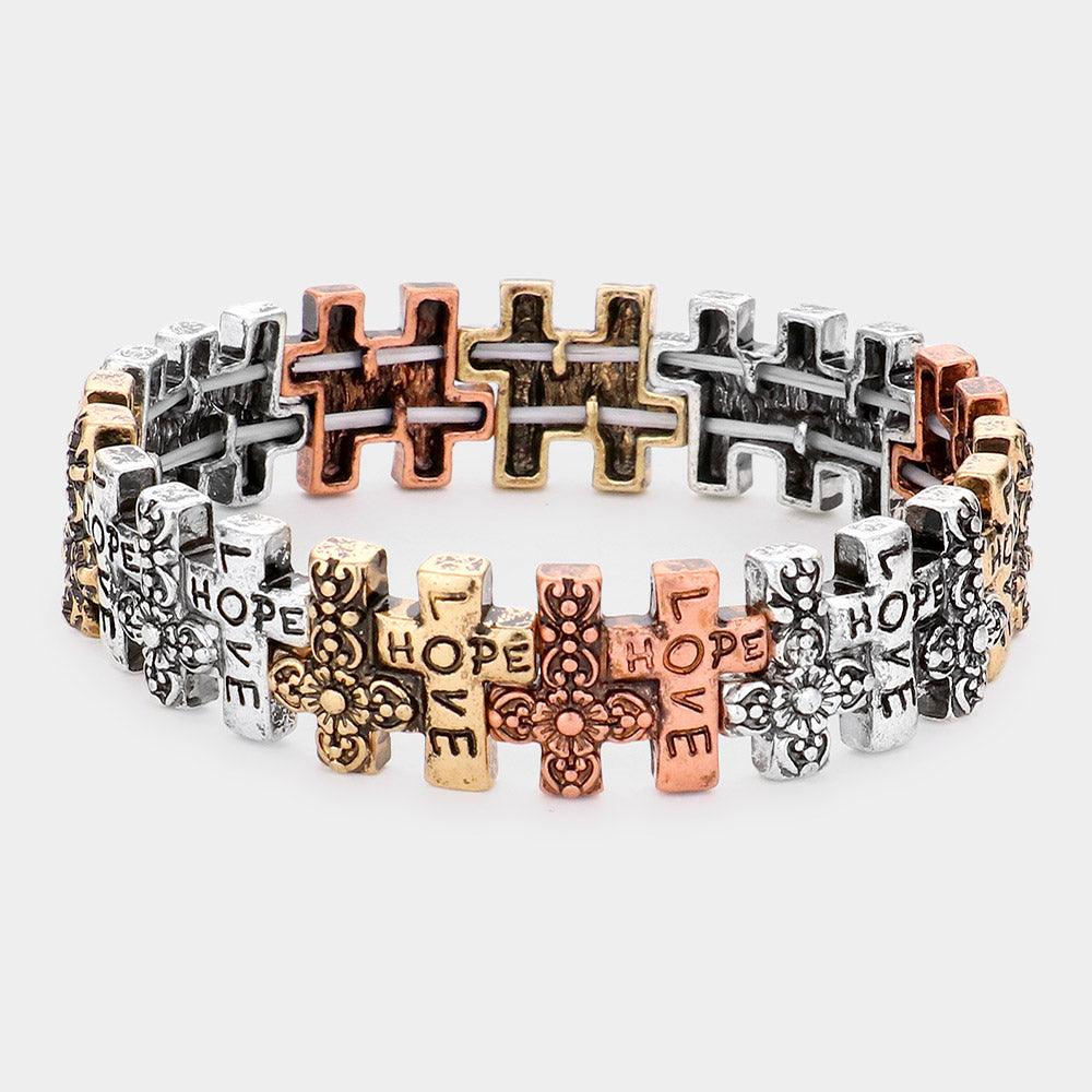 Three Tone LOVE HOPE Message Metal Cross Stretch Bracelet