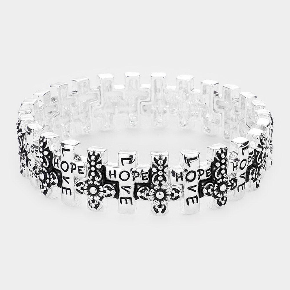 Silver LOVE HOPE Message Metal Cross Stretch Bracelet - Jewelry Store by Erik Rayo