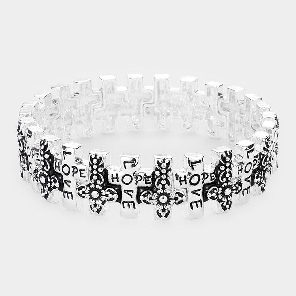 Silver LOVE HOPE Message Metal Cross Stretch Bracelet